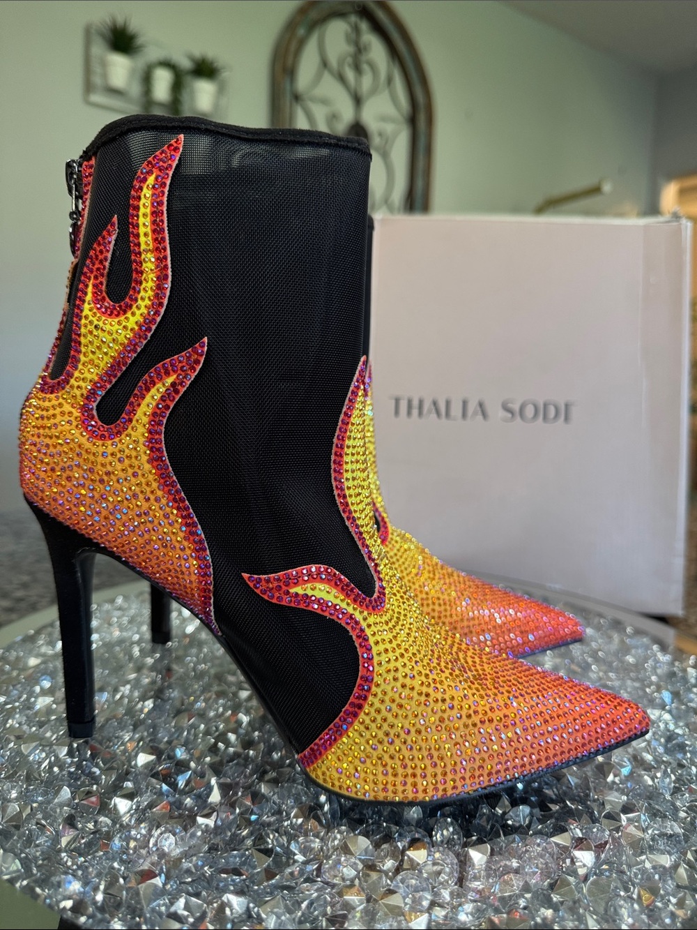Thalia Sodi Rayenn Black mesh moto ankle Boots with Flame Crystals NEW 6.5